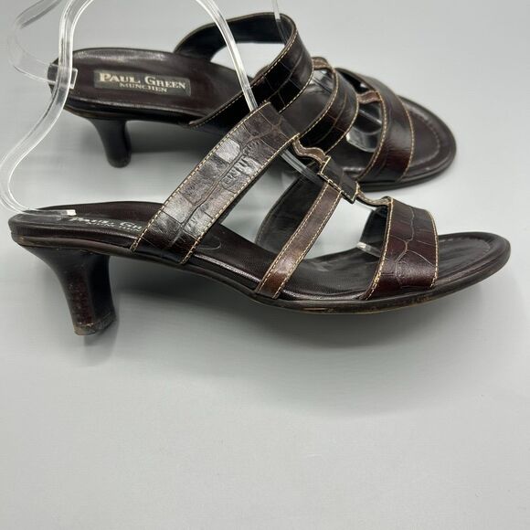 Paul Green Sandals Heel Brown Croc Leather Open Toe Slip On Shoes Size 6.5 - Picture 2 of 11